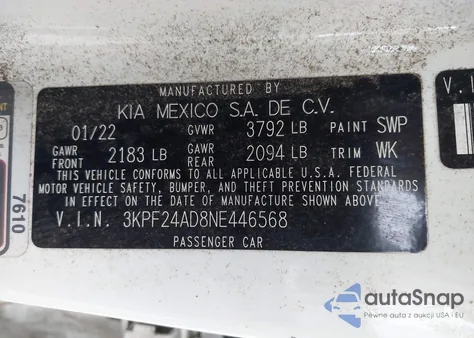 2022 Kia Forte Lxs z USA, uszkodzony, nr VIN 3KPF24AD8NE446568
